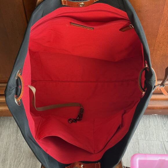 Dooney and Bourke Black Nylon Shopper Tote Bag Brown Leather Braided Handle - Picture 5 of 9